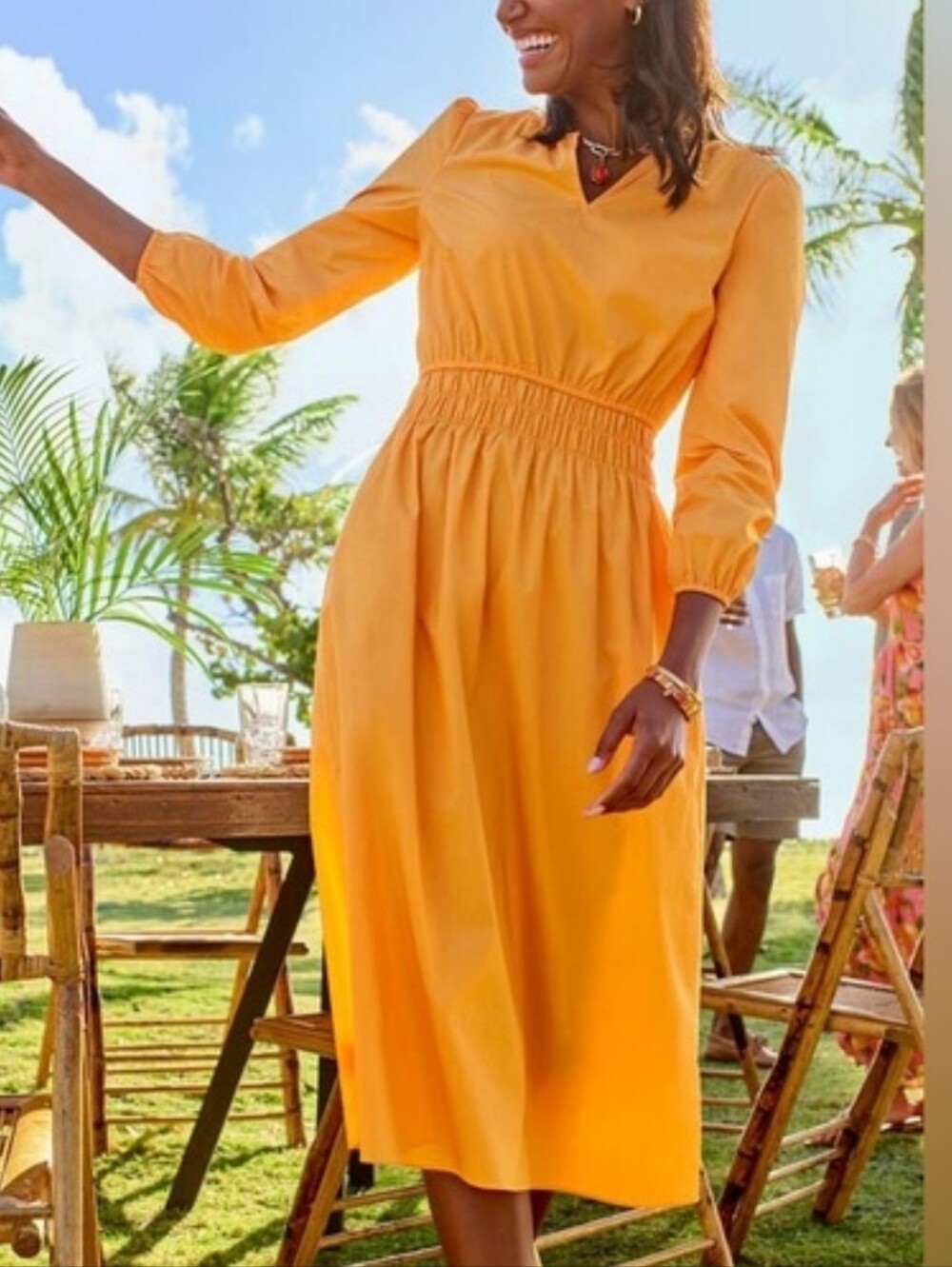 Talbots Fit Flare Smocked Waist Orange Cotton Poplin Midi Dress